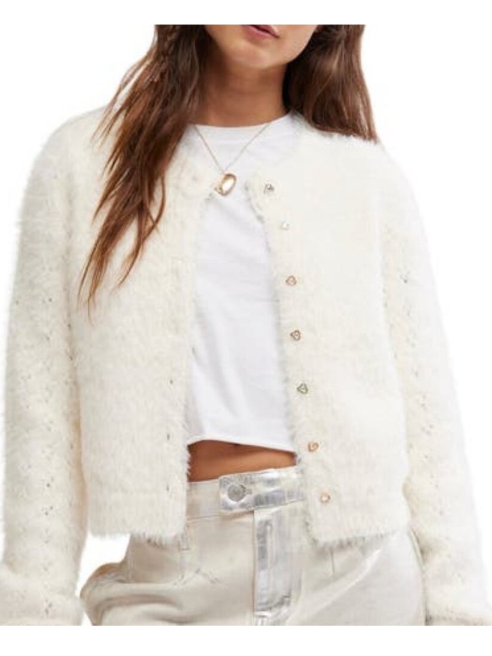 Free People Celeste Open Stitch Heart Button Cardigan Ivory size XL